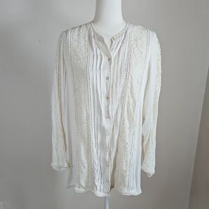 Sundance SZM Blouse Button Up Cream Lace Pintucks Romantic Victorian